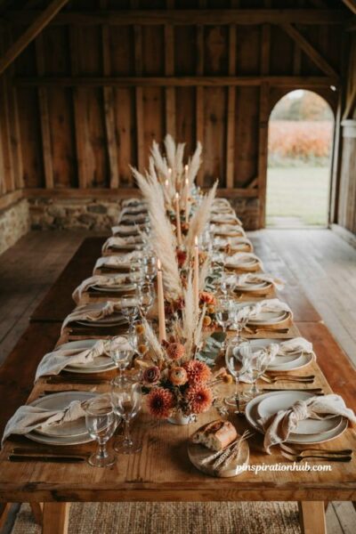 Fall wedding table decor with pampas grass rust flowers and farmhouse centerpiece ideas