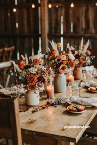 Fall wedding table decor with repurposed bridesmaid bouquets in simple vases and rustic styling