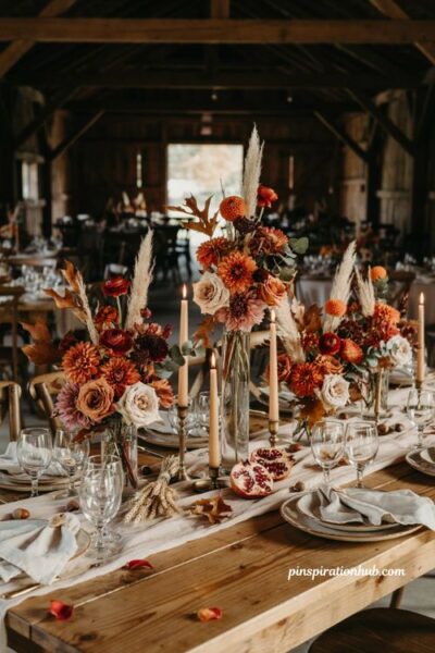 Fall wedding table decor with repurposed ceremony arch flowers and dramatic tall centerpieces