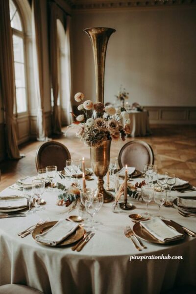 Fall wedding table decor with tall gold champagne vase cream flowers and candlelight