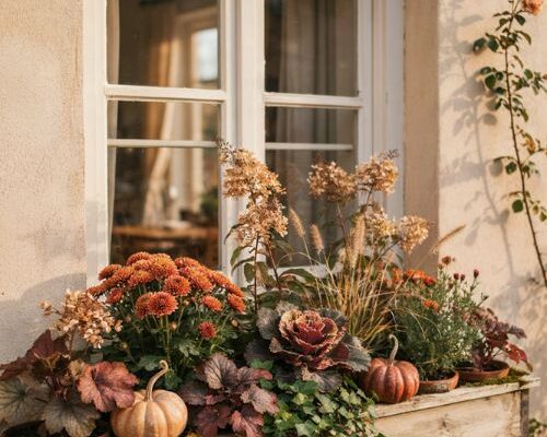 Fall window boxes ideas with cozy autumn flowers and rustic seasonal plants