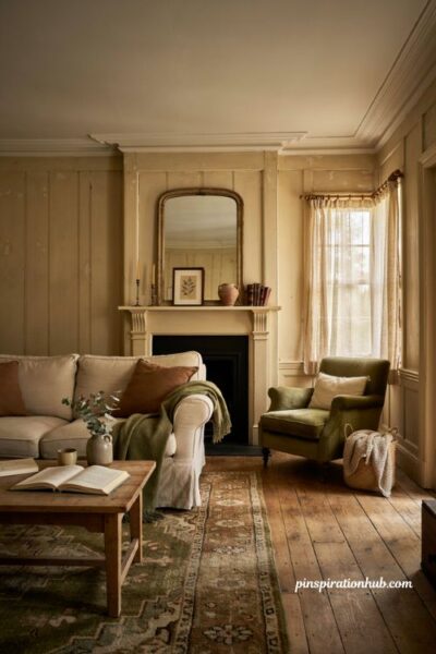 Faux fireplace cottage living room with mirror and earthy decor