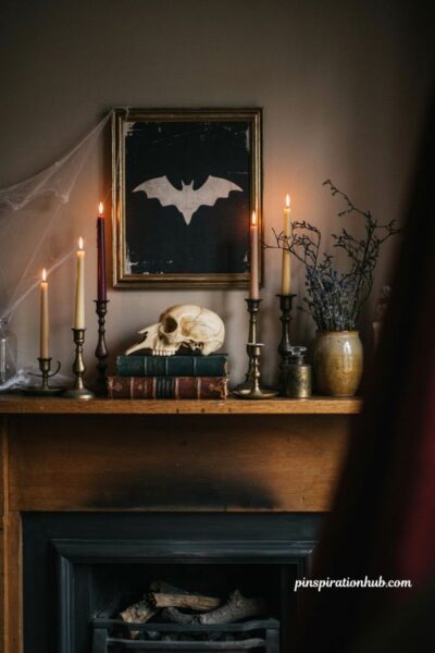 Faux raven skull and bat art Halloween fireplace mantel decor