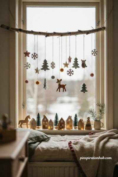 Felted mobile Christmas window decorations for a cozy kids room