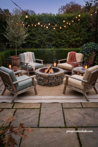Fire pit cozy backyard ideas with comfortable seating and throws