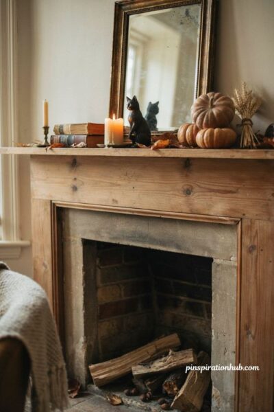 Fireplace decor ideas with black cat accents