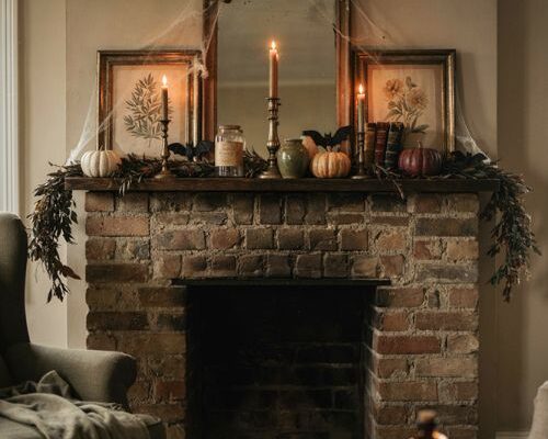 Fireplace decor ideas with cozy Halloween mantel pumpkins and candles