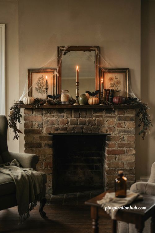 Fireplace decor ideas with cozy Halloween mantel pumpkins and candles