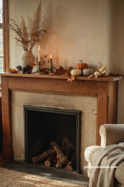 Fireplace decor ideas with fall leaves and dried grasses