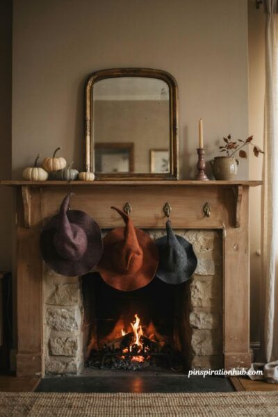 Fireplace decor ideas with hanging witch hats