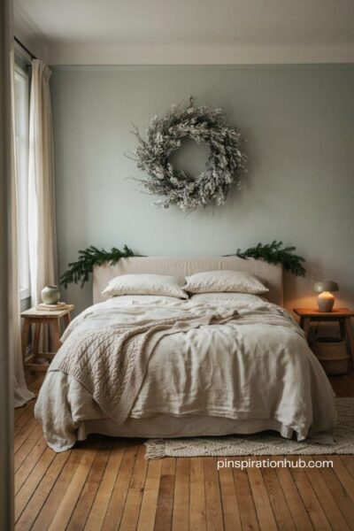 Flocked snowy wreath above bed with evergreen branches in a calm neutral christmas bedroom