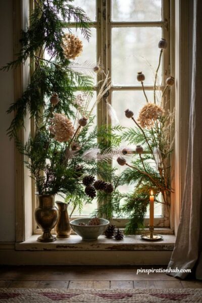 Foraged greenery Christmas window decorations with dried flowers and feathers