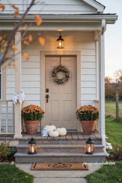 Friendly Bloxburg Halloween house porch with white pumpkins and ghosts
