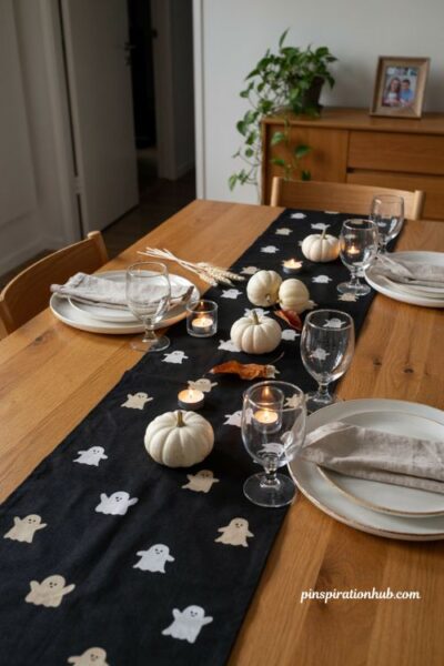 Friendly ghost Halloween table runner with white pumpkins