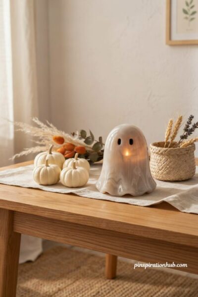 Friendly ghost shaped Halloween candle holder with glowing marbled glass
