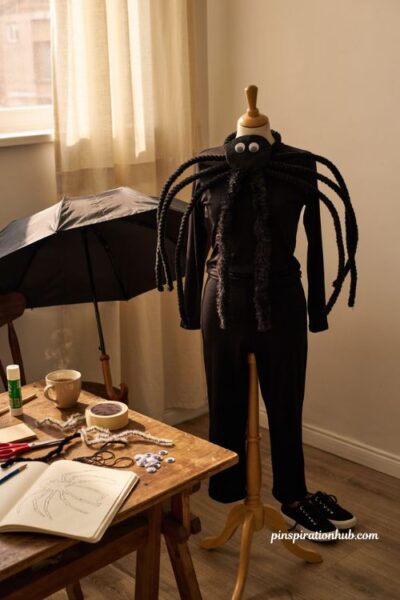Friendly giant spider costume with black umbrella and googly eyes