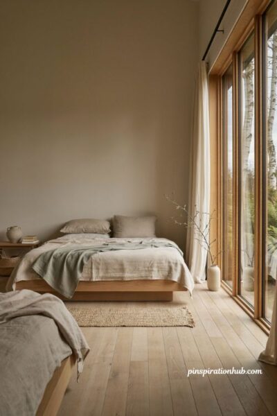 Full height window Japandi bedroom ideas with sheer linen curtains