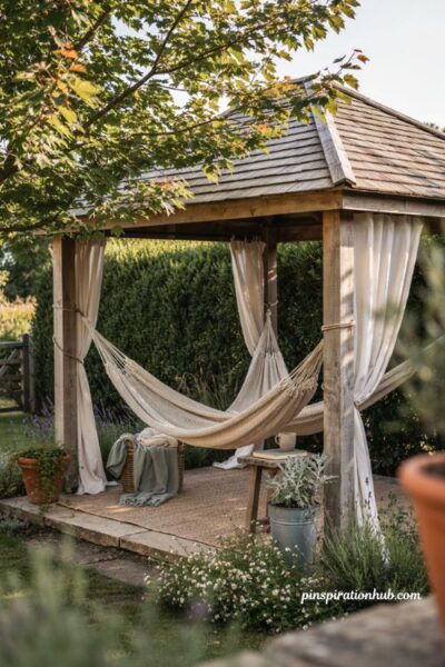 Gazebo backyard ideas with a cozy hanging hammock