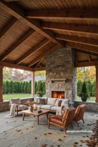 Gazebo backyard ideas with a cozy outdoor fireplace