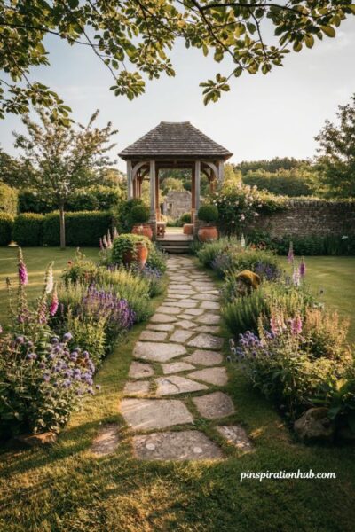 Gazebo backyard ideas with a stepping stone garden path