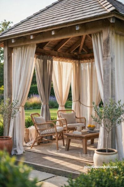 Gazebo backyard ideas with curtains for outdoor privacy
