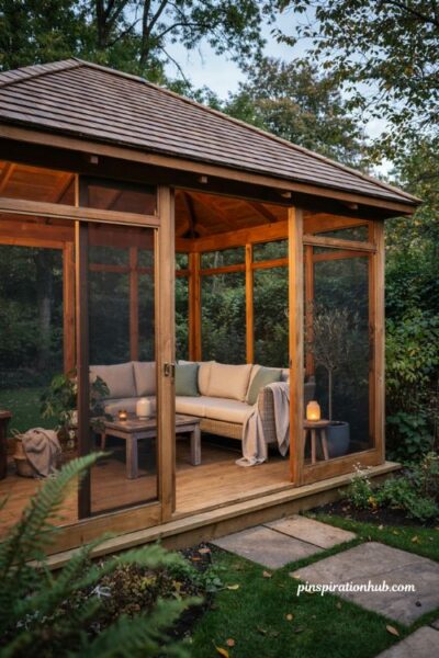 Gazebo backyard ideas with screened in bug protection