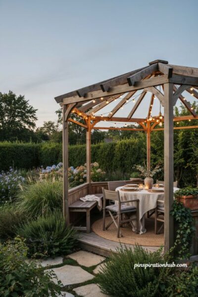 Gazebo backyard ideas with warm ambient string lights