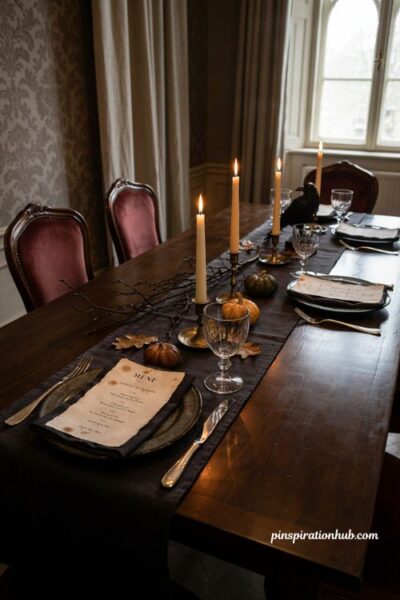Ghoulish Halloween dinner menu at an elegant vintage table setting