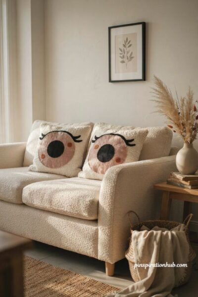 Giant eyeball pillow with pink and orange Halloween decor