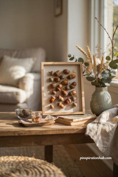 Glittered acorn art with gold and copper fall nature craft decor