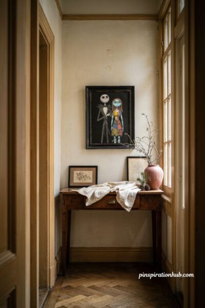 Glow in the dark jack and sally wall art for a cozy hallway