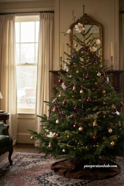 Gold berry picks on a traditional Christmas tree
