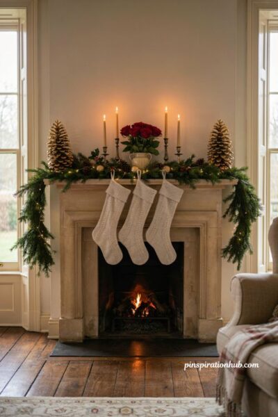 Gold pinecone Christmas mantel decor with red roses and evergreen garland