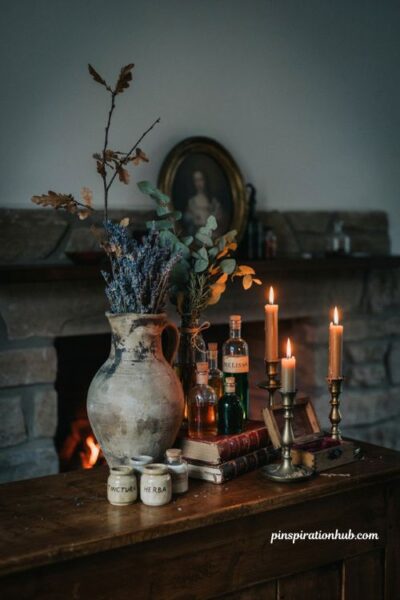 Gothic apothecary fireplace mantel with potion bottles and antique books