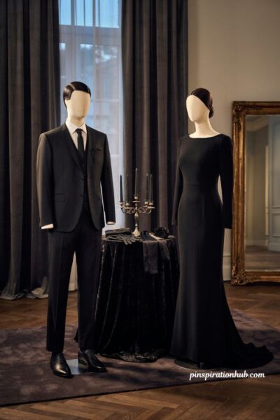 Gothic couple costume with matching black formalwear and pale makeup