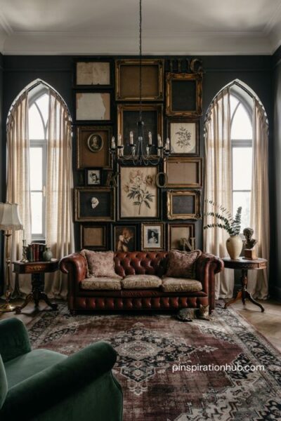 Gothic gallery wall living room with ornate frames patterned cushions metal decor and dramatic chandelier