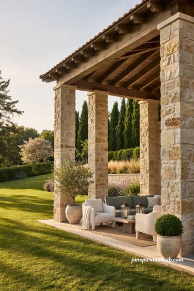 Grand gazebo backyard ideas with stone columns and low seating
