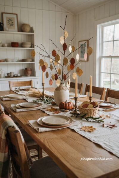Gratitude tree centerpiece with gold and rust leaves for Thanksgiving table decor