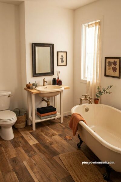 Halloween Bloxburg house bathroom with black towels and pumpkins