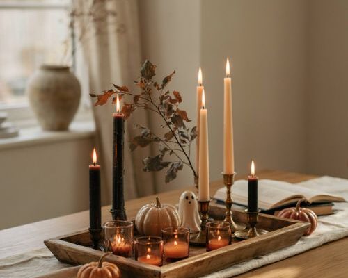 Halloween candles with cozy vintage autumn decor