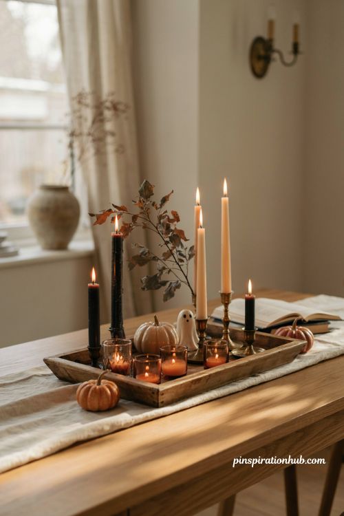 Halloween candles with cozy vintage autumn decor
