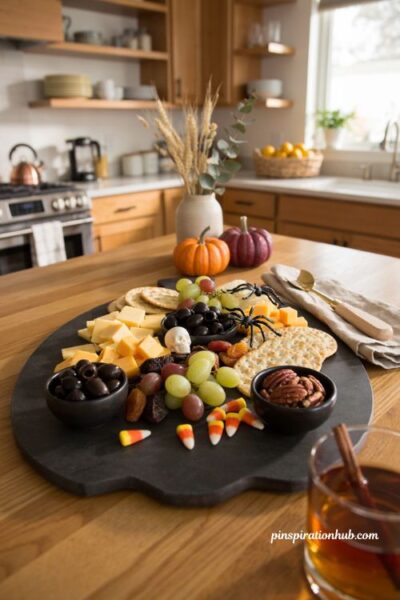 Halloween charcuterie board with orange and black snacks