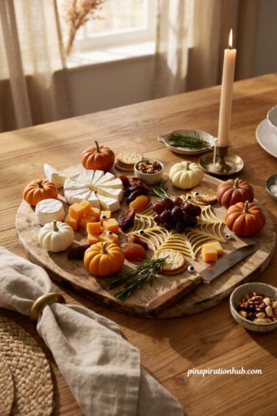 Halloween charcuterie board with pumpkin cheese grapes crackers candy eyes and mini pumpkins
