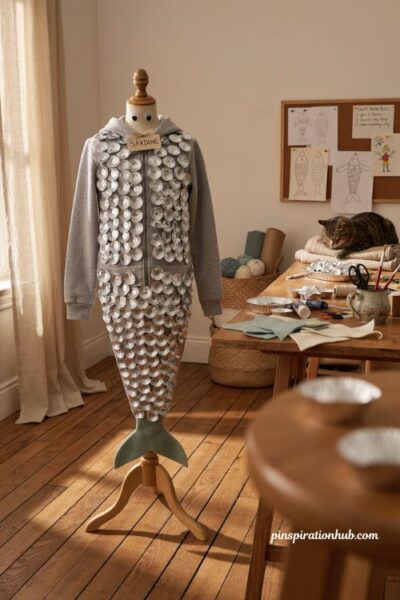 Halloween costume ideas with easy diy walking sardine costume and foil scales