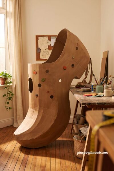 Halloween costume ideas with oversized diy cardboard clog shoe costume