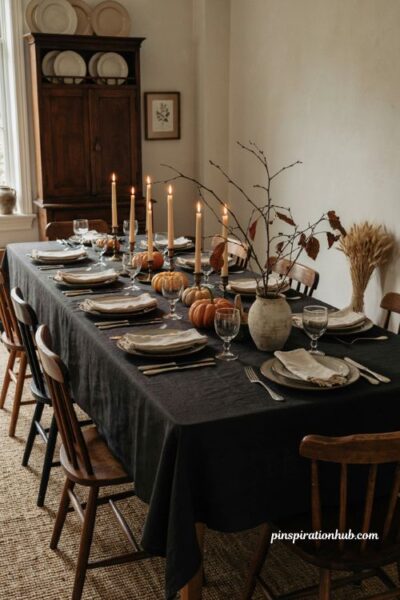 Halloween dining table decor with black linens pumpkins and candles
