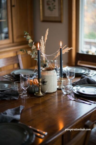 Halloween dining table decor with spiderwebs pumpkins and candles