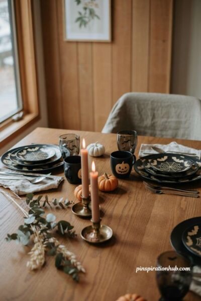 Halloween dining table decor with spooky patterned dinnerware