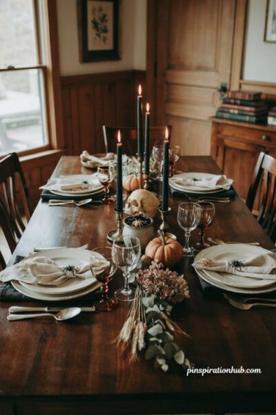 Halloween dining table decor with tiny spiders and skulls