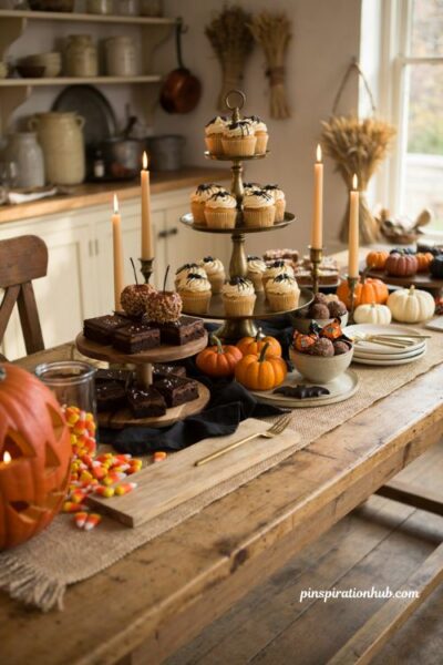 Halloween drink station with fruit punch sparkling drinks orange slices berries and rosemary